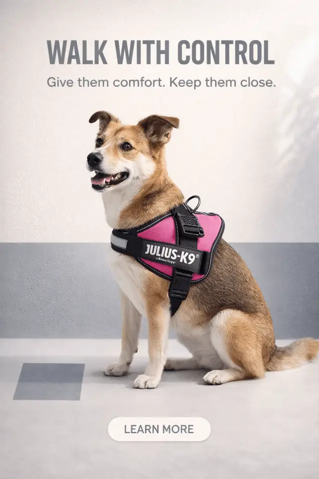 Dog harness campaign poster with a dog wearing the harness