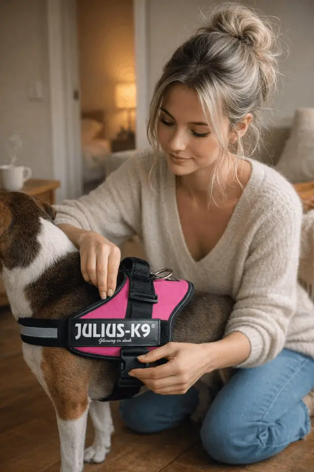 Creator-style image of a woman holding the dog harness