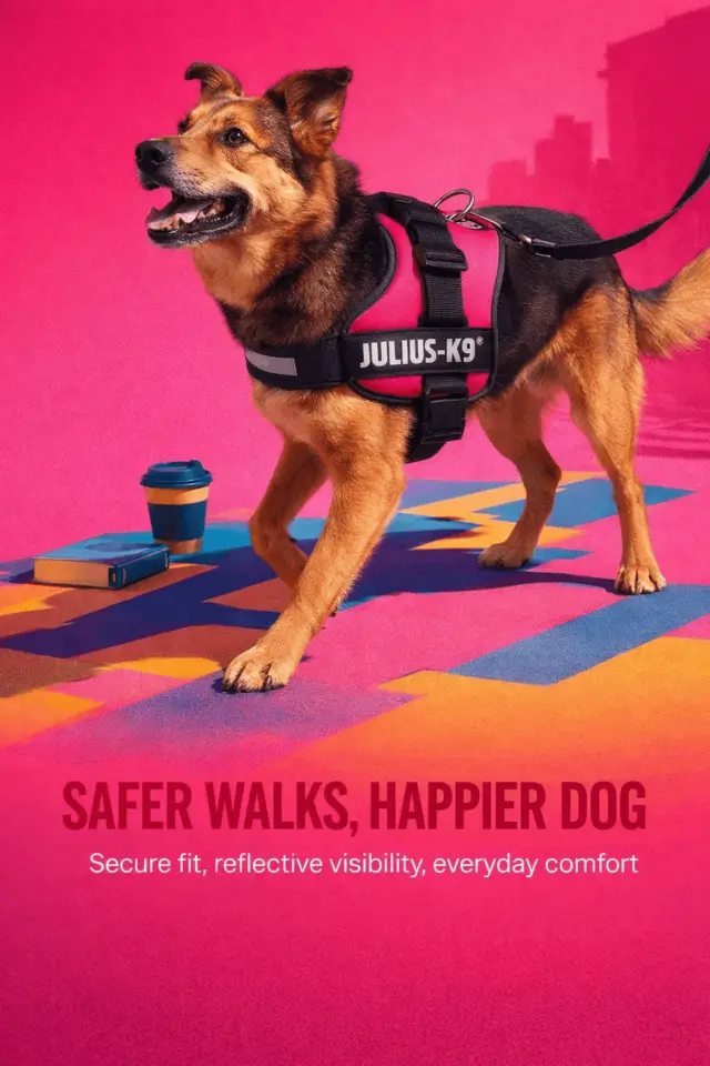 Bright campaign image of a dog wearing the dog harness