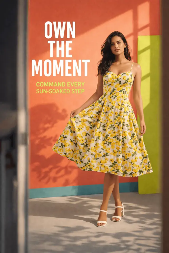 Fashion campaign poster for a yellow floral summer dress