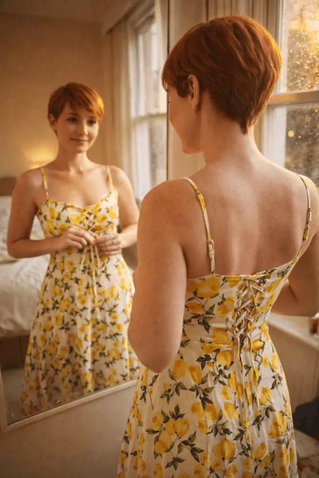 Lifestyle image of a model wearing a yellow floral dress by a mirror