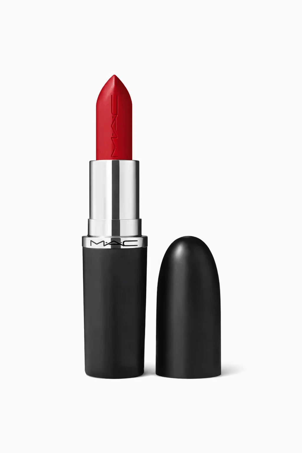 Catalog product photo of a red lipstick in black packaging