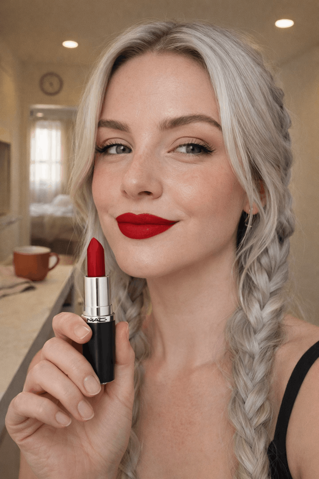 Authentic UGC image of a woman holding red lipstick