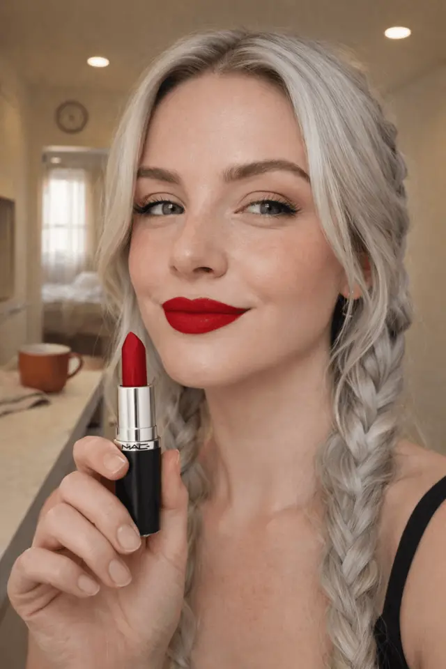 Authentic UGC image of a woman holding red lipstick