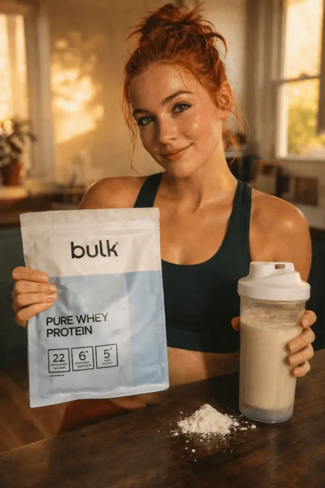 Creator-style kitchen image holding whey protein